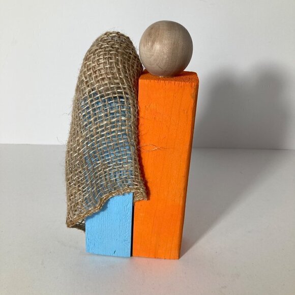 Handmade Rustic Wood Block Nativity Joseph Mary Jesus Orange Blue #2 - Picture 4 of 8